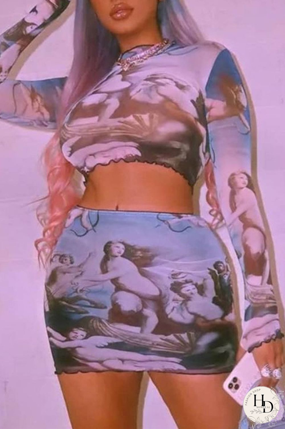 Multicolor Fashion Sexy Print Basic O Neck Plus Size Set