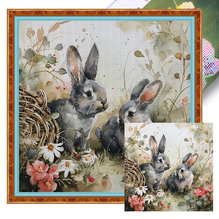 『YiShu』Rabbit In Flower Bush - 11CT Stamped Cross Stitch(50*50cm)