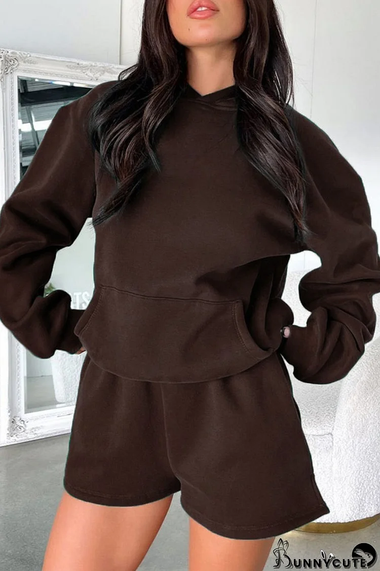 Coffee Casual Solid Basic Hooded Collar Long Sleeve Two Pieces