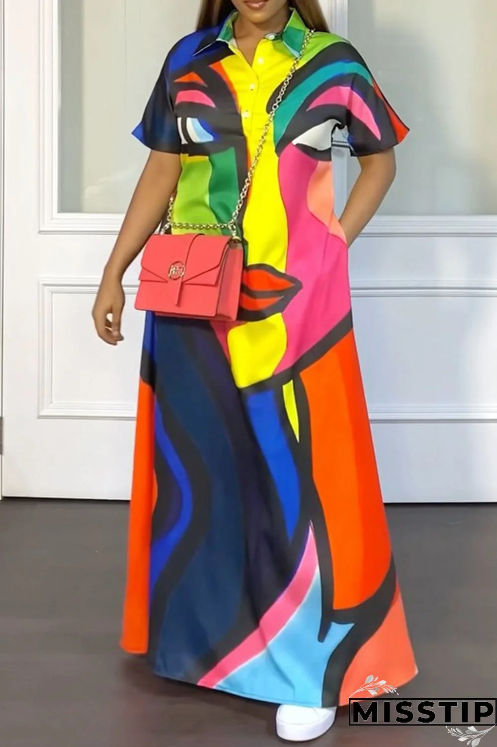 Colour Casual Daily Simplicity Figure Printing Contrast Turndown Collar Shirt Dress Dresses