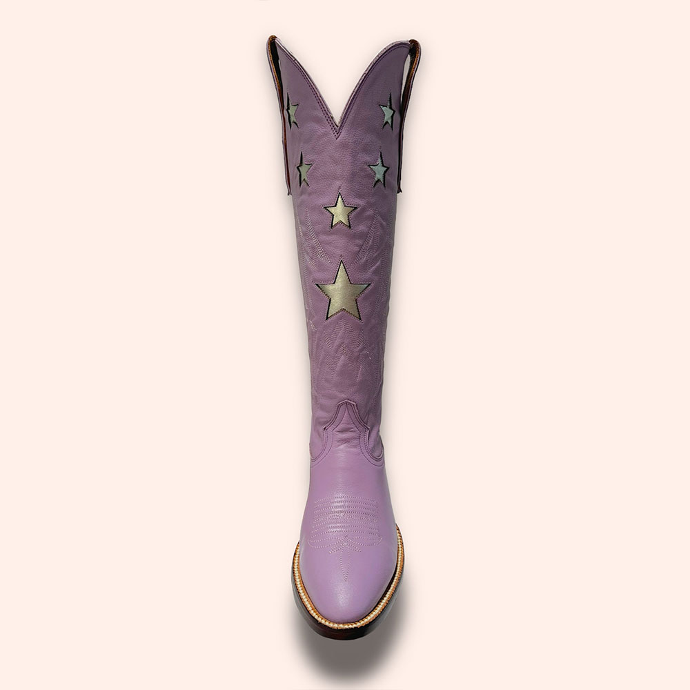 Purple Stars Inlay Stitching Round Toe Knee-High Cowgirl Boots Nicepairs