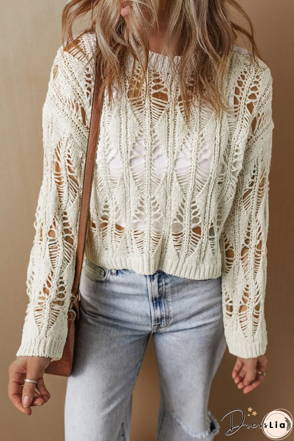 Cut Out Crochet Crew Neck Loose Fit Sweater