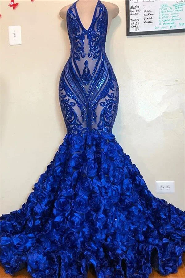 Luluslly Royal Blue Sequins Mermaid Prom Dress Flowers