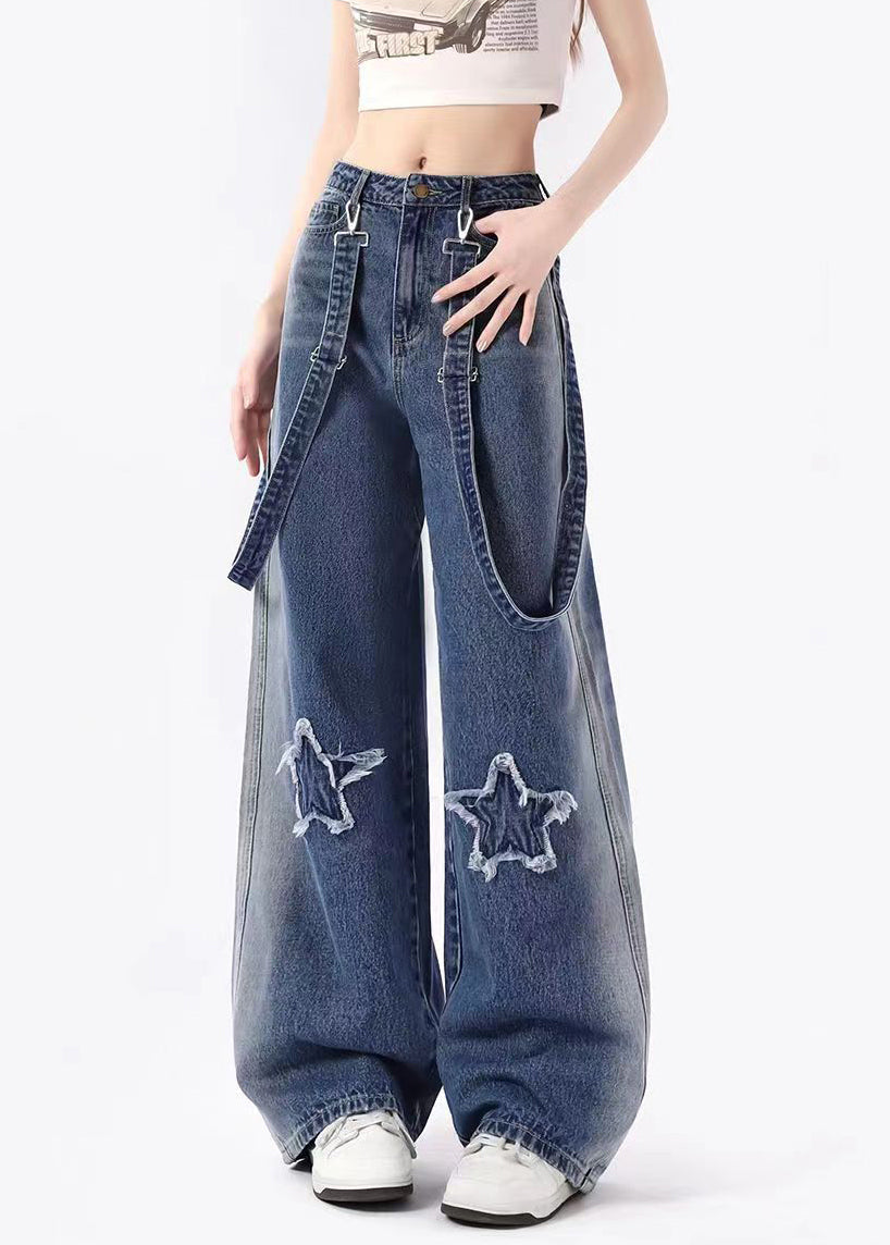 VCSHOES Blue Pockets Patch Denim Straight Pants Spring