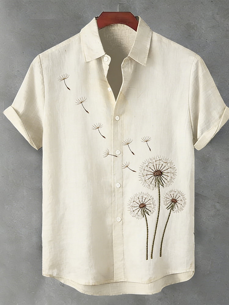 Japanese-style Dandelion Embroidered Cotton Linen Short Sleeve Shirt elevenforest