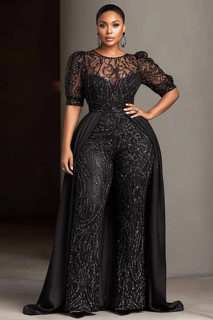 Xpluswear Design Plus Size Formal Satin Black Round Neck Short Sleeve With&nbsp;Skirt&nbsp;Overlay&nbsp;Pocket Sequin Jumpsuits [Pre-Order] 2024 - Xpluswear