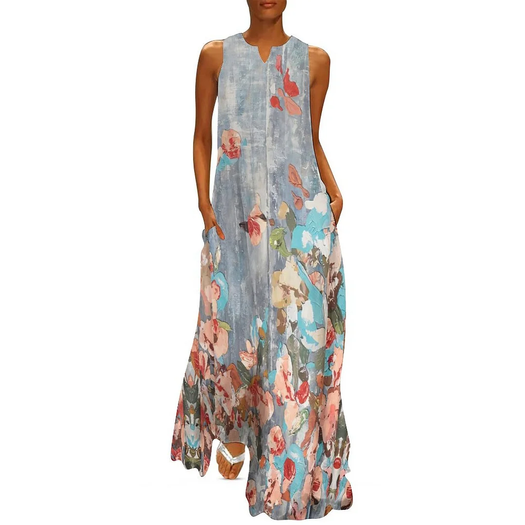 Style & Comfort for Mature Women Plus Size Printed Sleeveless Casual Women Maxi Dress with Pockets in Pattern Floral, Gray