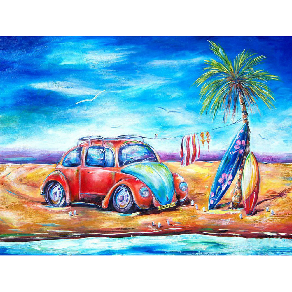 

40*30CM - Seaside Car - Round Drill Diamond Painting, 501 Original