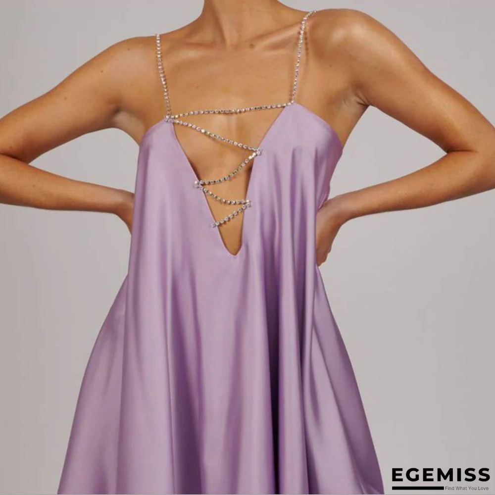 Loose Size Crystal Chain Sling Sexy V-neck Backless Satin Dress | EGEMISS