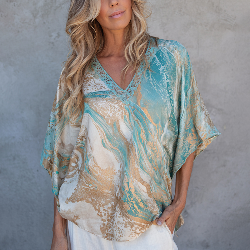 Comstylish Women's Vintage Marble Art Print Flowy Linen Blend V Neck Linen Tops