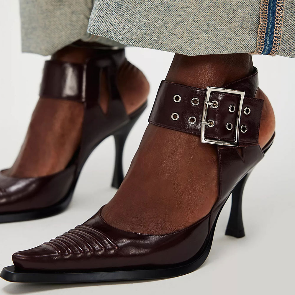 Women's Dark Burgundy Pointed Toe Buckle Ankle Strap Pumps Heels Nicepairs