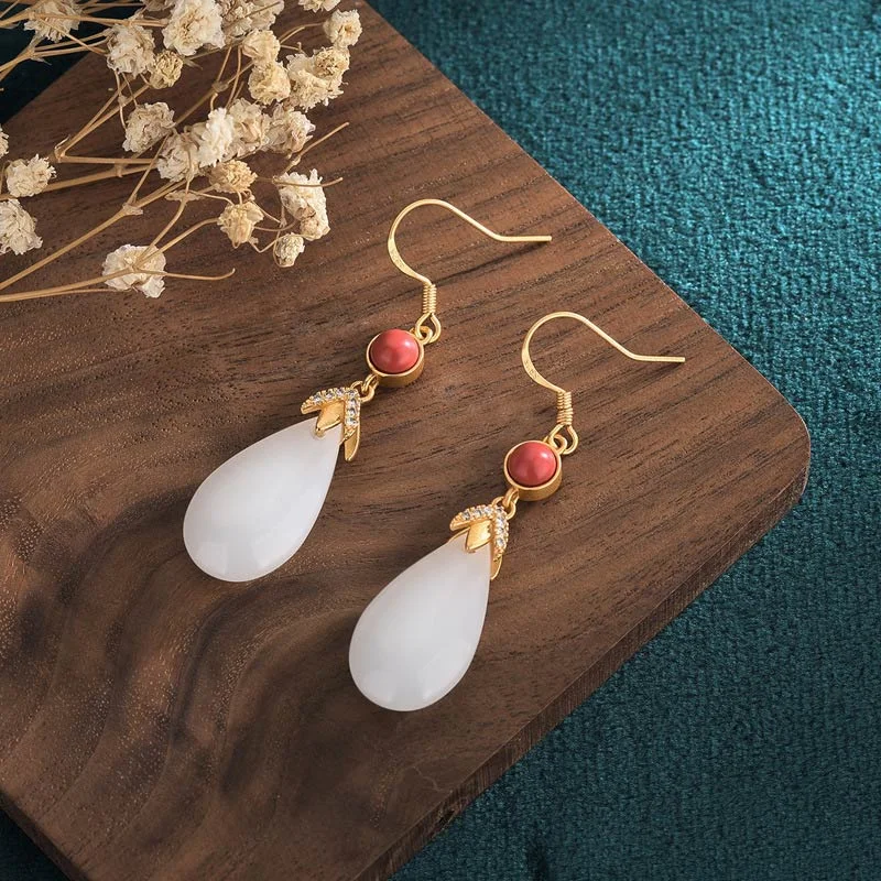 FengShui White Jade Luck Drop Earrings