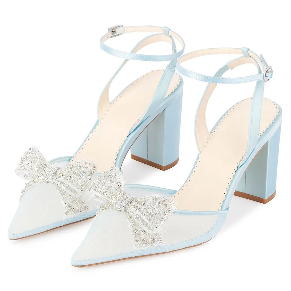 Light Blue Mesh Chunky Heel Pointed Toe Rhinestone Bow Wedding Shoes