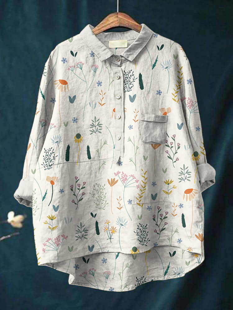 Comstylish Vintage Floral Art Casual Cotton Linen Shirt