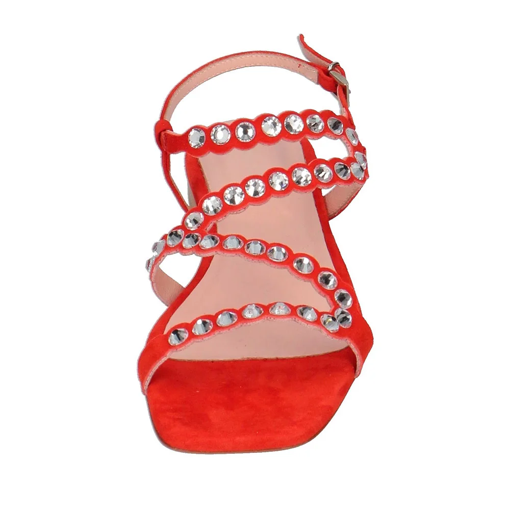 Square Toe Buckled Strappy Red Rhinestone Flat Sandals for Women