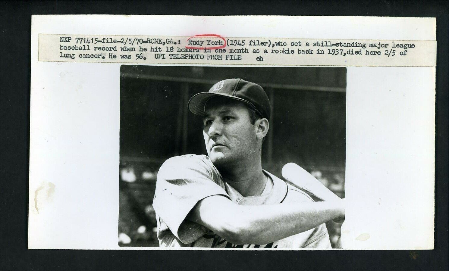 Rudy York dies of lung cancer 1970 Press Photo Poster painting Detroit Tigers 1945 image