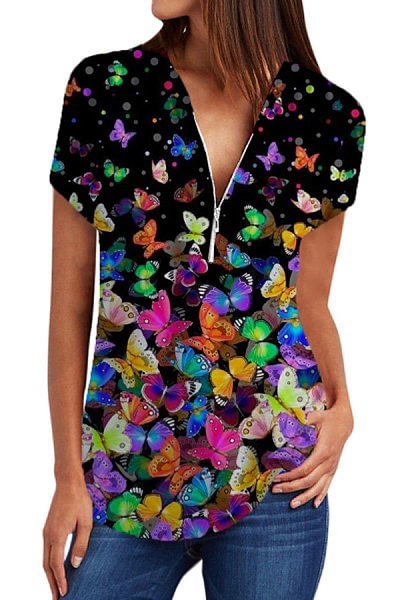 Short Sleeve Cotton-Blend Printed V Neck Shirts & Tops