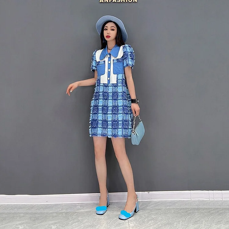 Temperament Contrast Color Turn-down Collar Tassel Plaid Splicing Puff Sleeve Dress 