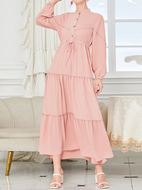 A-Line Bishop Sleeve Buttoned Drawstring Pleated Split-Joint Mock Neck Maxi Dresses