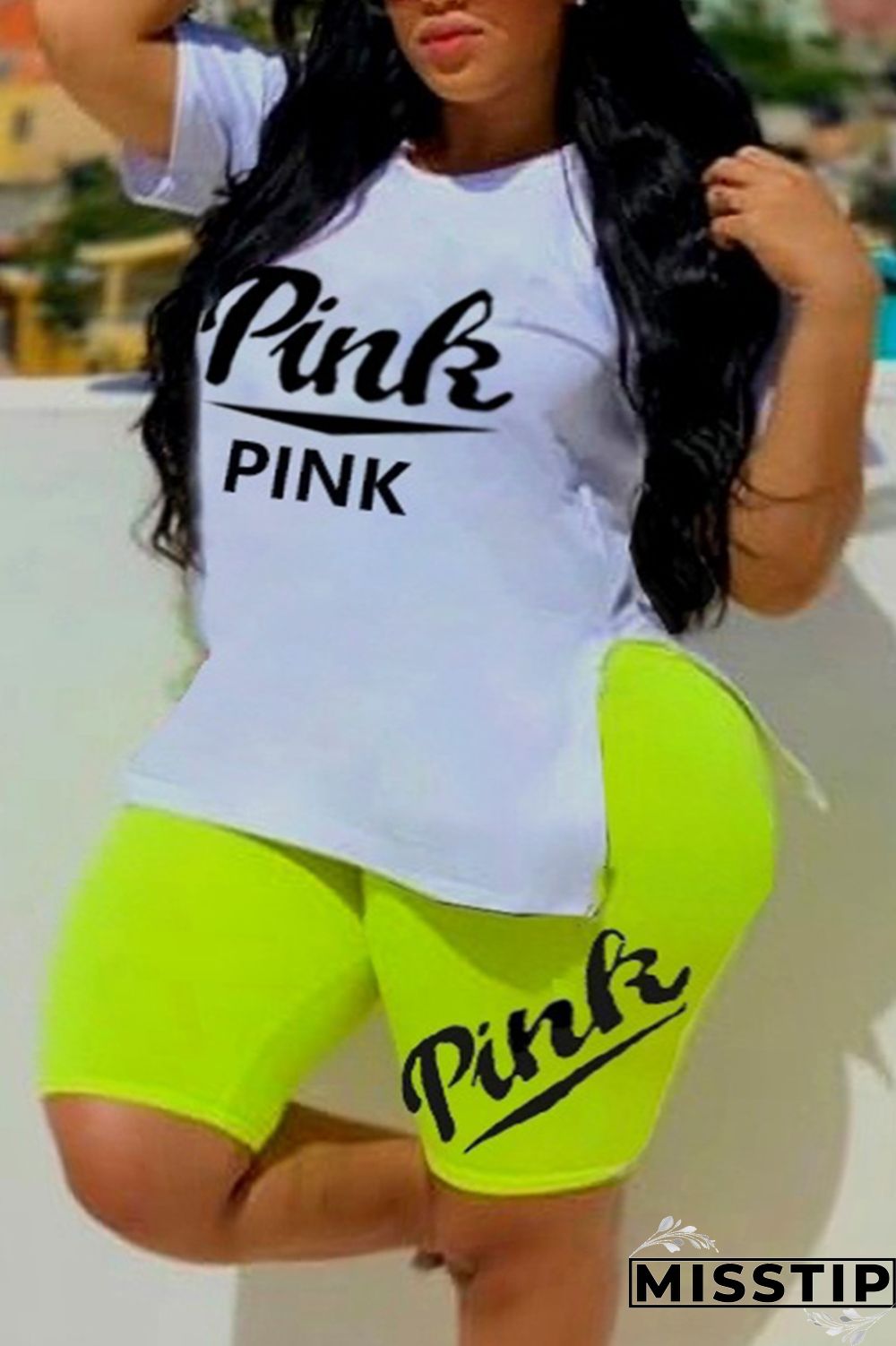 Fluorescent Green Fashion Casual Letter Print Slit O Neck Plus Size Two Pieces