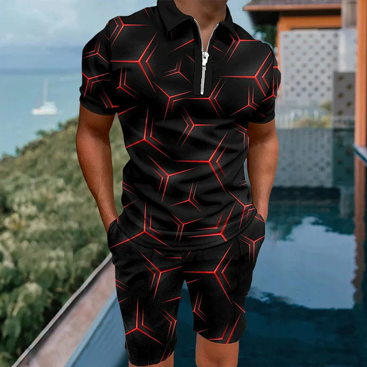 Men's black and red geometric print polo suit