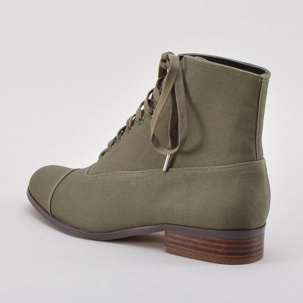 Olive Canvas Round Toe Stacked Heel Lace-Up Booties for Women