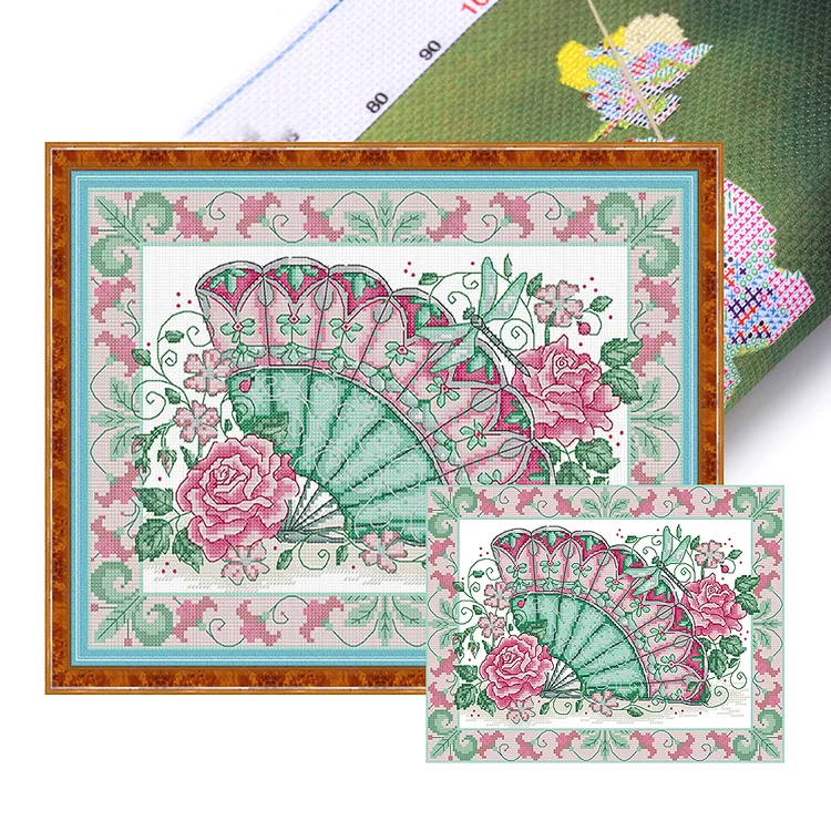 【Joy Sunday Brand】Oriental Rose Fan 36*29cm 14CT Stamped Canvas Cross Stitch gbfke