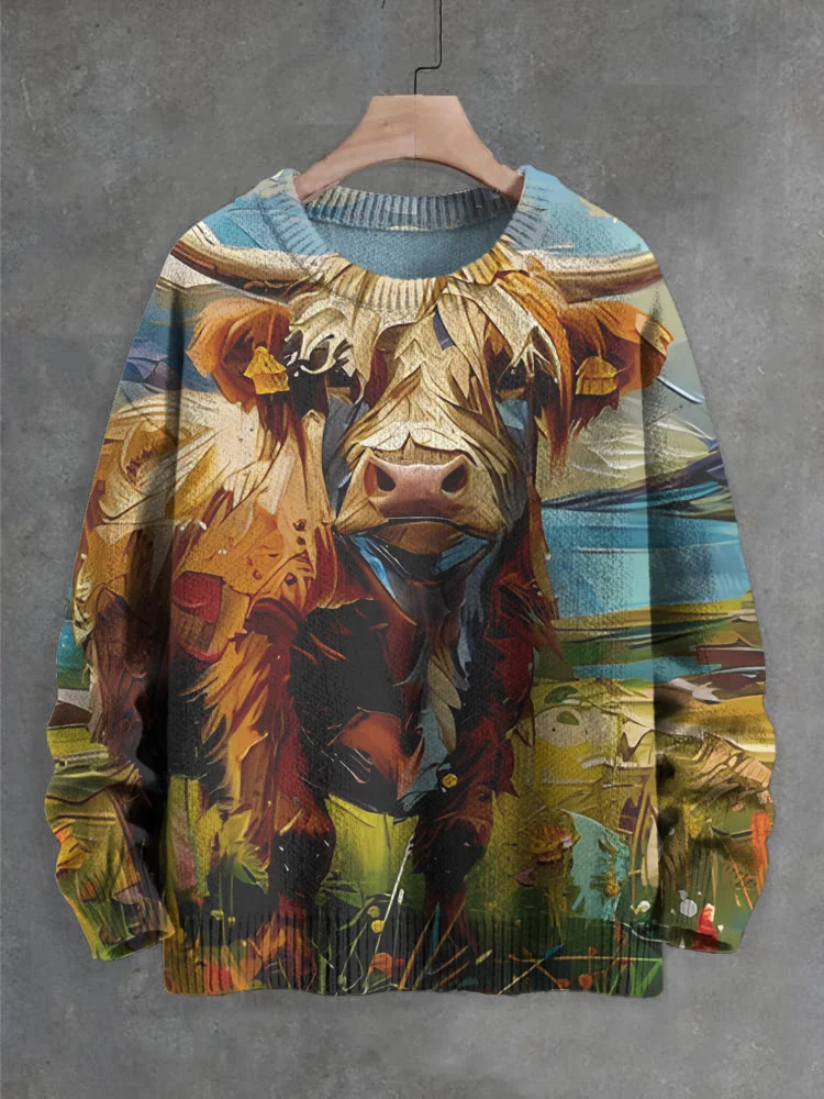 Men's Nature Scenery Cattle Oil Painting Print Knit Sweatshirt