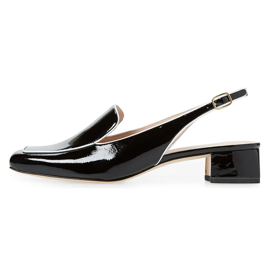 Shiny Black Patent Leather Block Heel Slingback Formal Loafers 