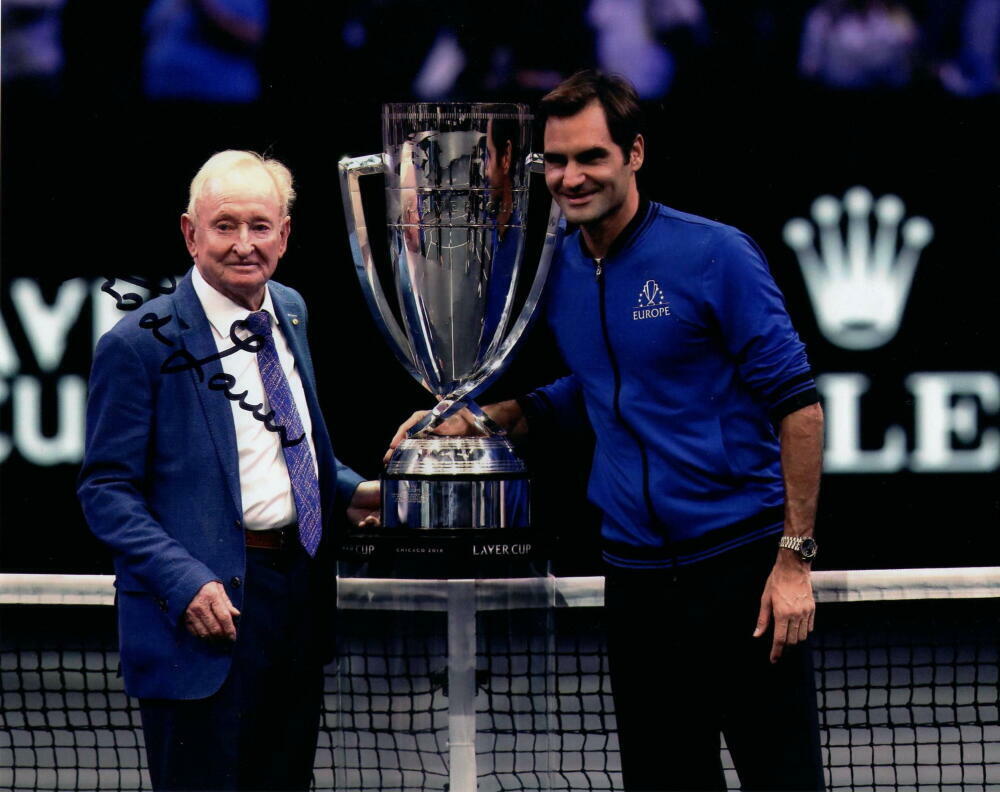 ROD LAVER SIGNED AUTOGRAPH 8X10 Photo Poster painting - TENNIS ICON, CHAMPION WITH ROGER FEDERER