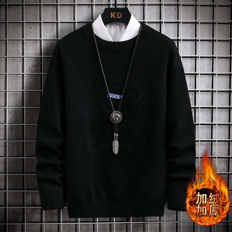 Mens Winter Thicken Fleece Warm Sweater Mens Fashion Casual Round Neck Bear Print Knitted Pullover Street Outdoor Sweatshirt 4XL