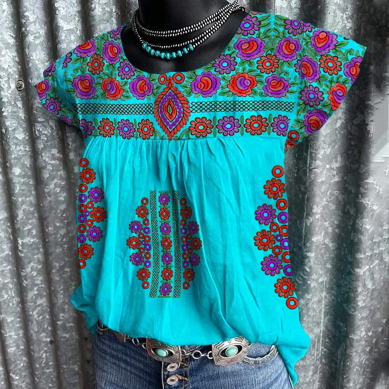 Flower graphic women casual loose blue tees designer