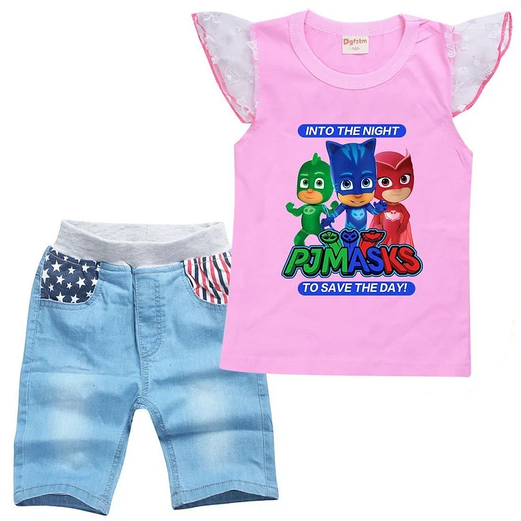 Pj Pajama Catboy Owlette Gekko Print Girls Tank Top Denim Shorts Sets-Mayoulove