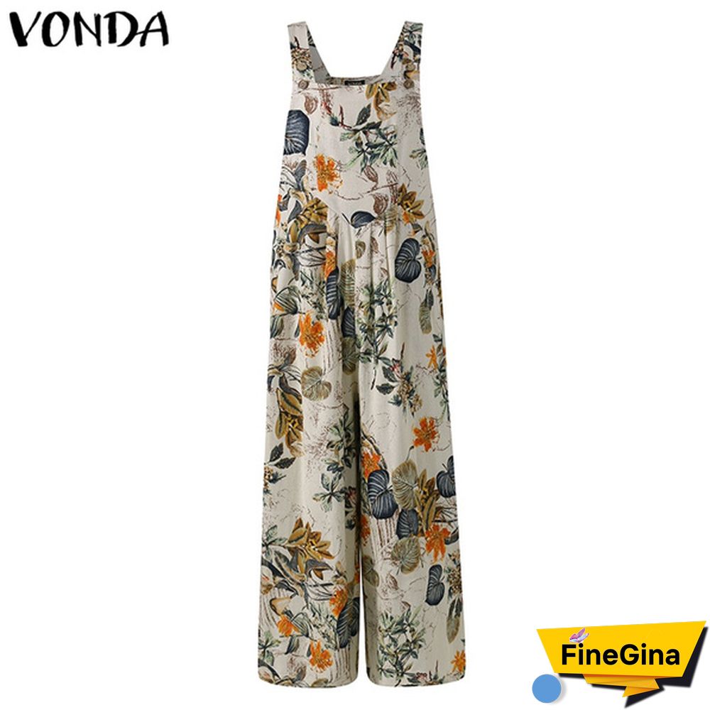 Women Sleeveless Floral Print Cotton Jumpsuits Vintage Bib Pants Long Trousers Plus Size Summer Palazzo Overalls Dungarees