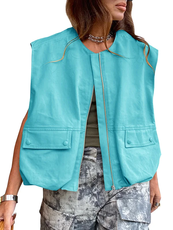 Loose Sleeveless Pockets Split-Joint Zipper Round-Neck Vest Outerwear