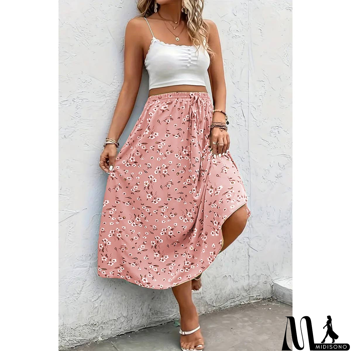 MidiSono - Plus Floral Print Drawstring Waist Fit Skirt