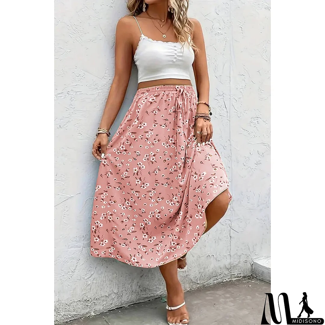 MidiSono - Plus Floral Print Drawstring Waist Fit Skirt