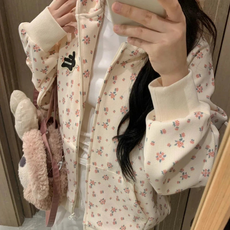 Aiertu Korean Fashion Sweet Hoodie for Women Flowers Print Oversize Zip-up Hooded Sweatshirts College Coquette Aesthetic Tops Aiertu