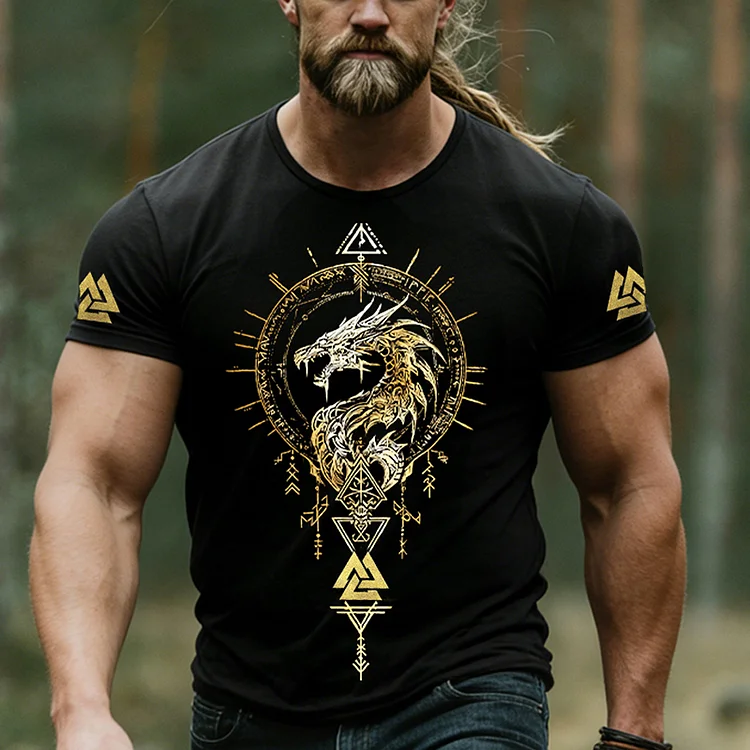 Men's Viking Valknut With Dragon Print Comfy T-shirt