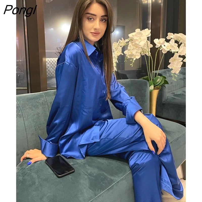 Pongl Blue Long Sleeve Blouse Satin Suit Female Elegant Satin Long Trousers And Shirts Elastic Waist Pants Women 2 Pieces Sets
