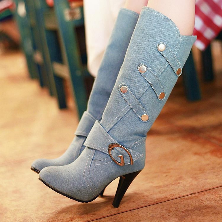 Denim Boots Round Toe Fashion Chunky Heels for Women |FSJ Shoes