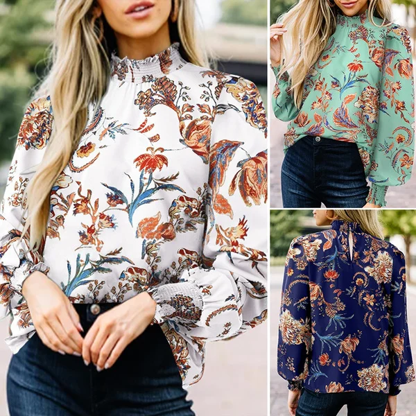 Women Spring Casual Puff Sleeve Floral Printed Top Holiday Smocking Retro Shirt Blouse Plus Size