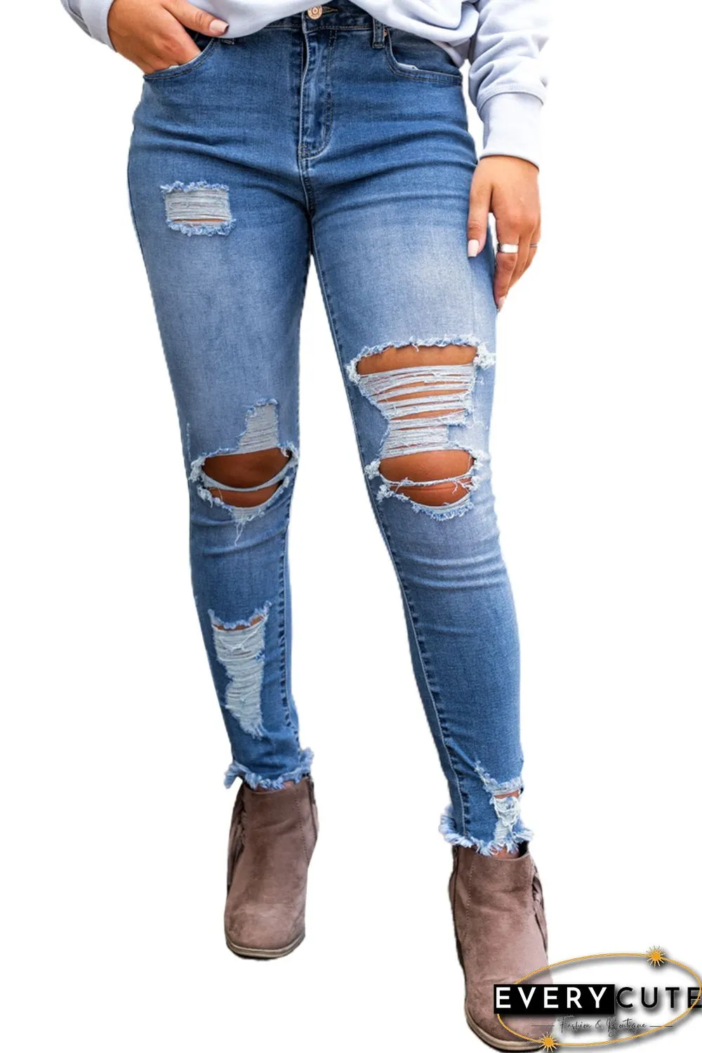 Sky Blue High Waist Distressed Skinny Jeans
