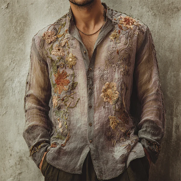 Men's Vintage Boho Floral Embroidered Flowy Linen Shirt