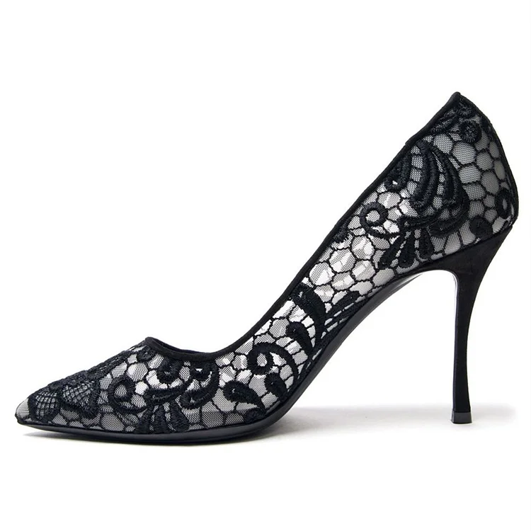 Black Lace Heels Pointy Toe Stiletto Heels Evening Pumps |FSJ Shoes