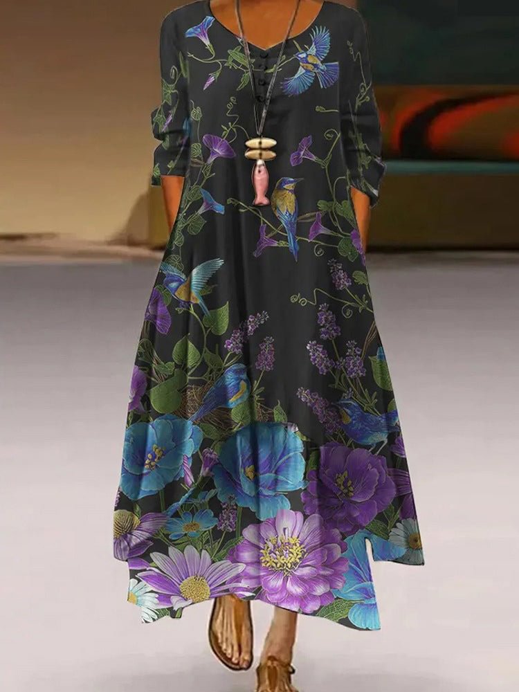 Bird And Flower Print Round Neck Long Sleeve Dress
