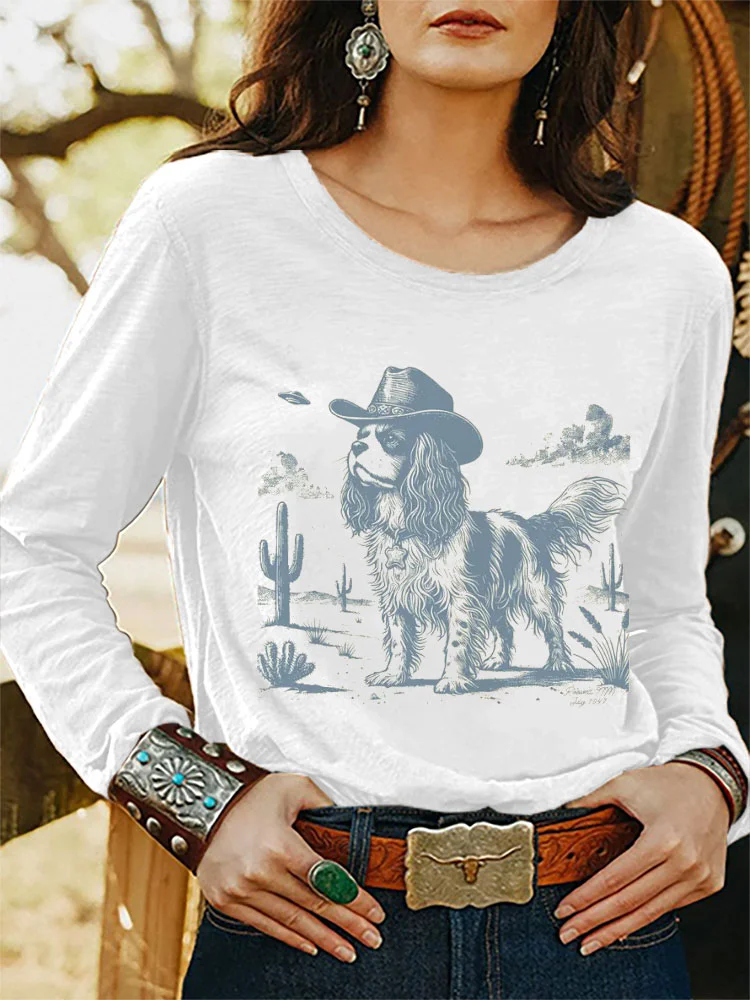 Women's Casual Cavalier King Charles Print Long Sleeve T-shirt