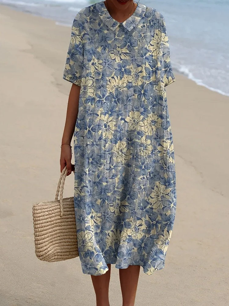 Women's Vintage Floral Art Print Pocket Linen Dress（Convertible Dress With Front And Back Option）