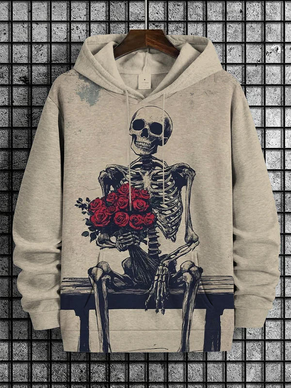 Men's Romantic Skeleton Holding Roses Art Print Hooded Sweatshirt