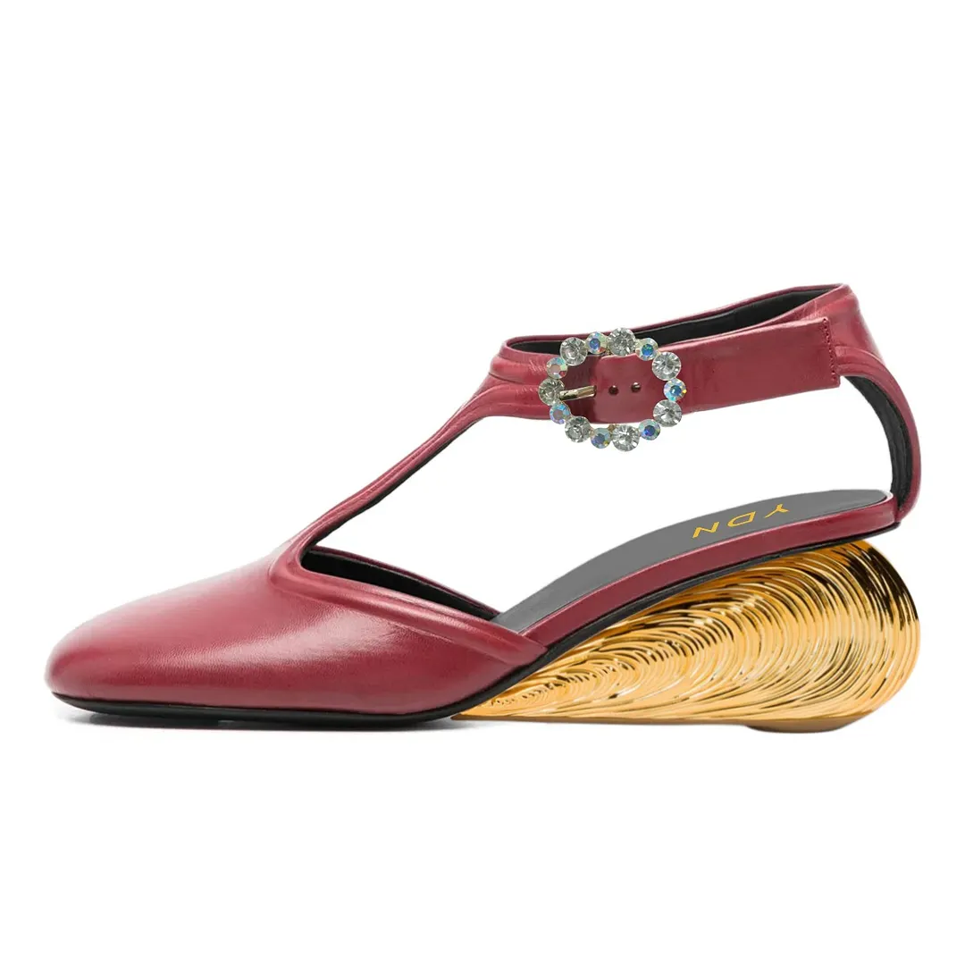 Women's T-Strap Cut-Out Maroon Pumps Heels with Rhinestone Buckle